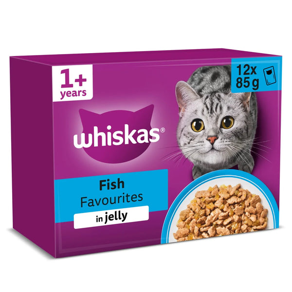 Whiskas 1+ Fish Favourites Adult Wet Cat Food Pouches in Jelly, 12x85g