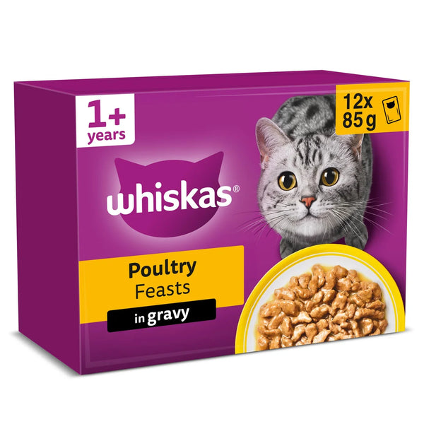 Whiskas 1+ Poultry Feasts Adult Wet Cat Food Pouches in Gravy, 12x85g