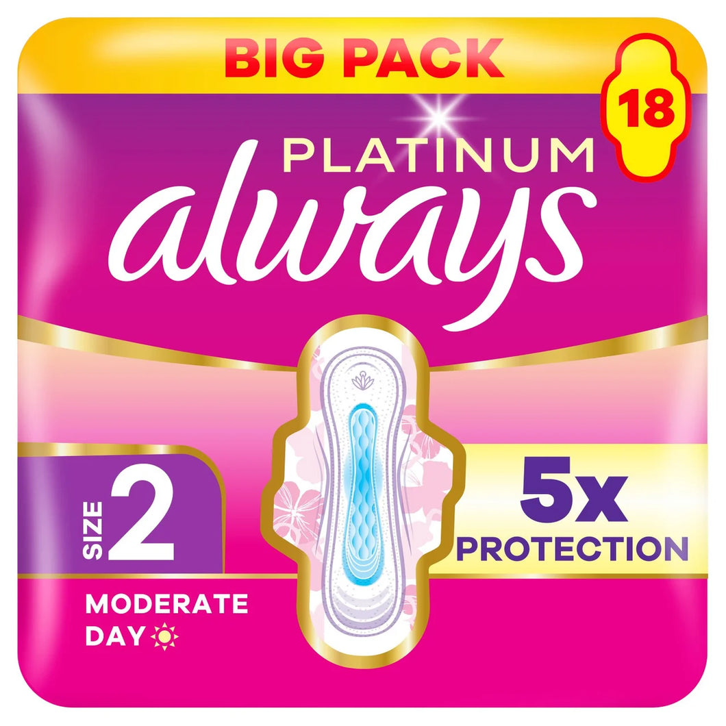 Always Platinum Sanitary Towels With Wings Long Plus Size 2 x 18 pads