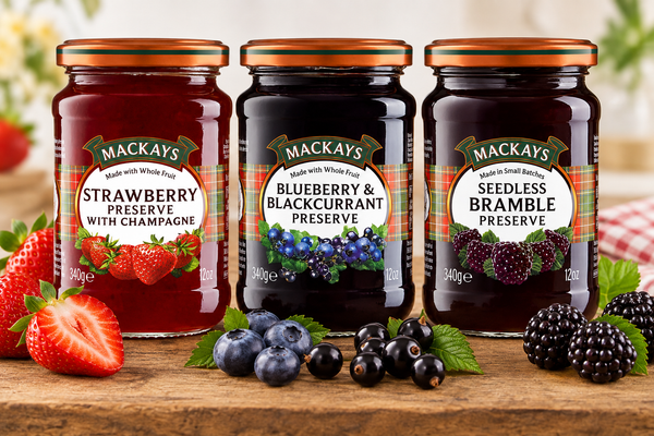 Mackays Luxury Preserve Trio – Seedless Bramble, Blueberry & Blackcurrant and Strawberry with Champagne, 340g each