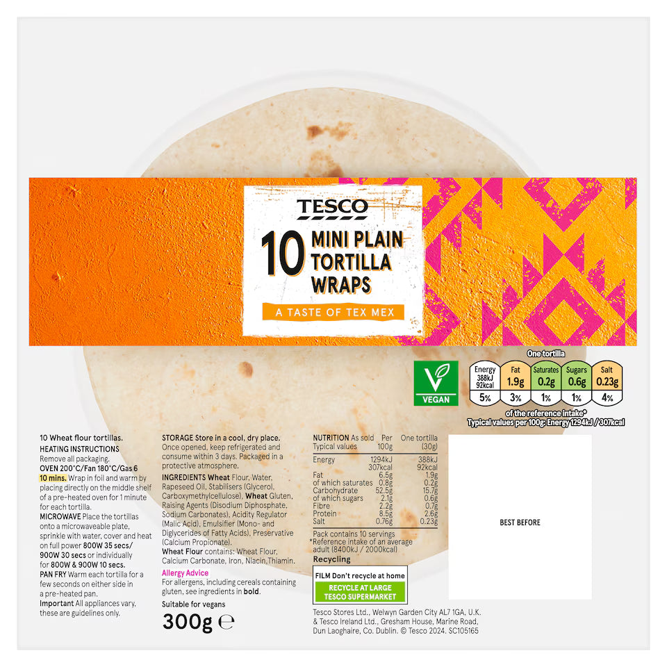 Tesco 10 Mini Plain Tortillas, 300g