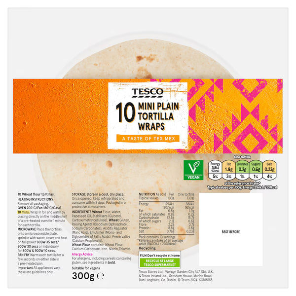 Tesco 10 Mini Plain Tortillas, 300g