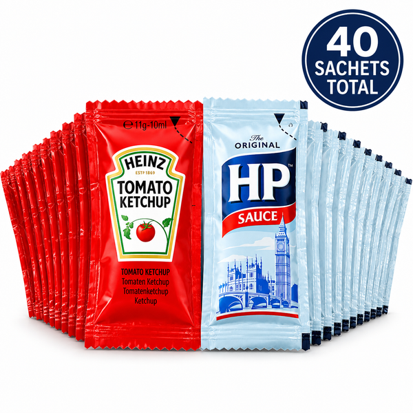 Heinz Tomato Ketchup & HP Brown Sauce Individual Sachets – 20 of Each (40 Sachets Total)