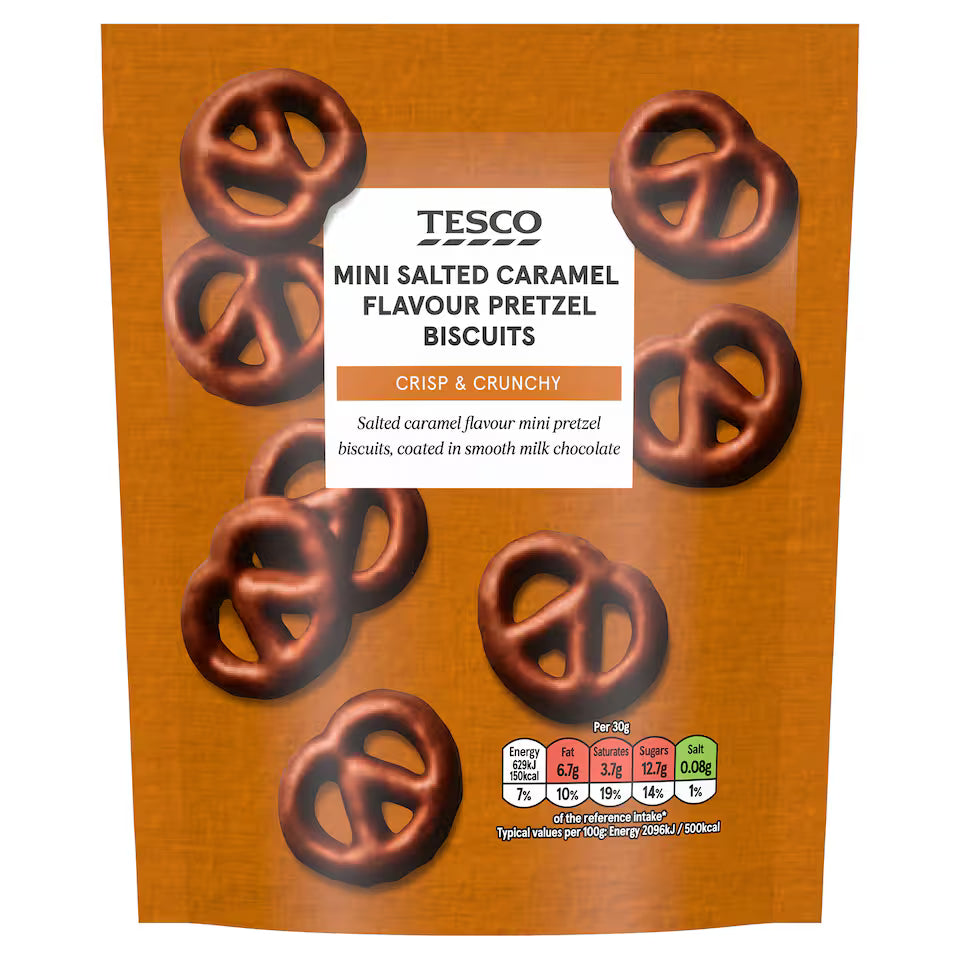 Tesco Mini Salted Caramel Flavour Chocolate Pretzels Biscuits, 90g