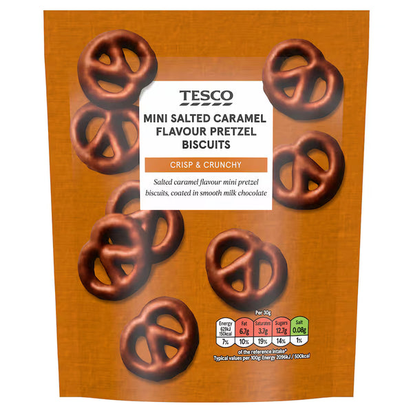 Tesco Mini Salted Caramel Flavour Chocolate Pretzels Biscuits, 90g