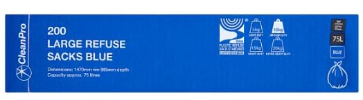 CleanPro Large Refuse Sacks, Blue, 75L Capacity, 1470mm x 965mm, Pack of 200