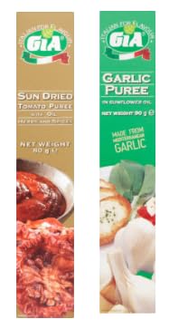 GiA Sun Dried Tomato Puree with Oil, Herbs and Spices, and Garlic Puree in Sunflower Oil, 80g & 90g