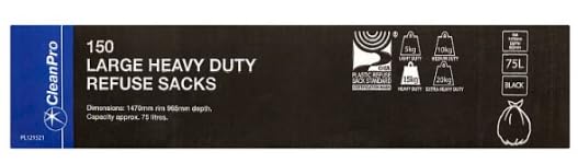CleanPro Large Heavy Duty Refuse Sacks, Black, 75L Capacity, 150 Pack, 1470mm x 960mm