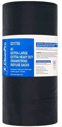 CleanPro Extra Large Extra Heavy Duty Drawstring Refuse Sacks, Black, 1300mm x 1800mm, 130L, 40 Count