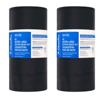 CleanPro Extra Large Extra Heavy Duty Drawstring Refuse Sacks, Black,40 Sacks per Roll - (Pack of 2)