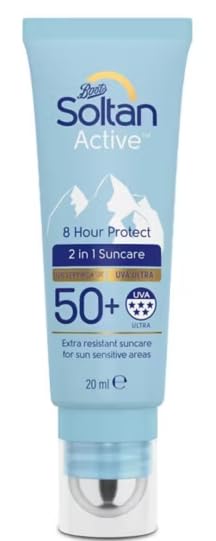 Soltan Active 2 in 1 Suncare, SPF 50+ UVA Ultra, 8 Hour Protect, for Sun Sensitive Areas, 20ml