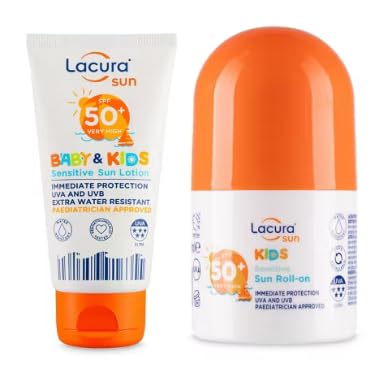 Lacura Sun Baby & Kids Sensitive Sun Lotion and Kids Sun Roll-On, SPF 50+, UVA and UVB Protection, Extra Water Resistant