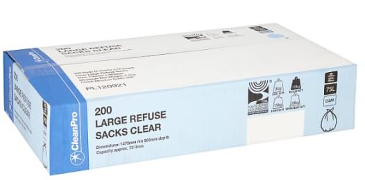 CleanPro Large Refuse Sacks Clear, 75L Capacity, 1470mm x 905mm, Pack of 200