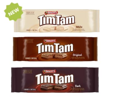 Arnott's TimTam Chocolate Biscuits, Original, Dark and White Varieties.