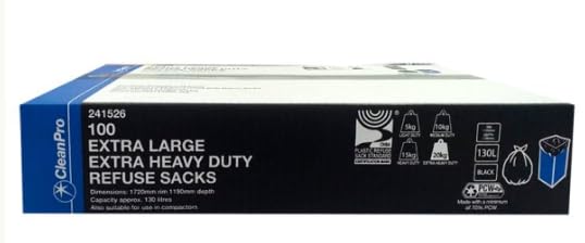 CleanPro Extra Large Extra Heavy Duty Refuse Sacks, Black, 130L, 1720mm x 1190mm, Pack of 100
