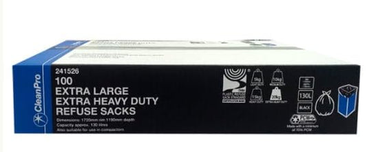 CleanPro Extra Large Extra Heavy Duty Refuse Sacks, Black, 130L, 1720mm x 1190mm, Pack of 100