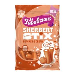RJs Fabulicious Sherbert Stix, Peaches & Cream Flavour, 180g Bag