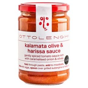 Ottolenghi Kalamata Olive and Harissa Sauce, Spiced Tomato Sauce with Caramelised Onion and Chilli, 350g