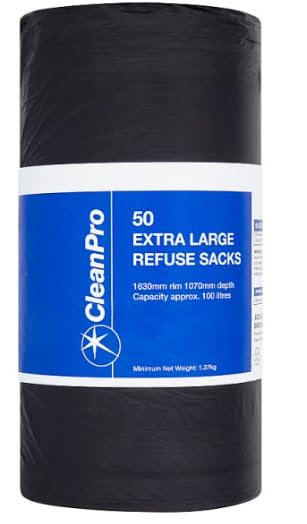 CleanPro Extra Large Black Refuse Sacks, 100 Litre Capacity, 1630mm x 1070mm, Pack of 50