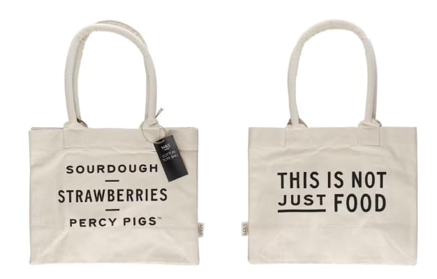 London Food Hall M&S Canvas Tote Bag, Natural, Sourdough Strawberries Print, Reusable Shopping Bag x1