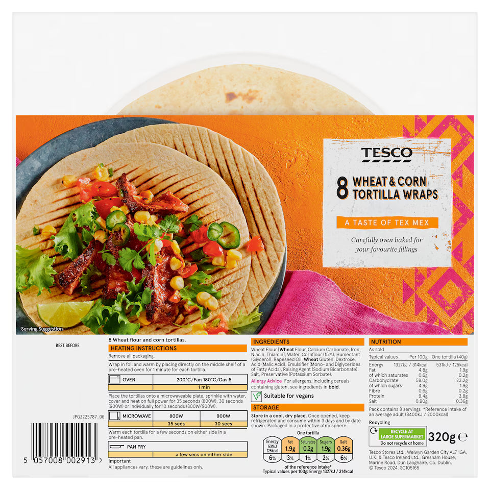Tesco 8 Wheat & Corn Tortillas, 320g
