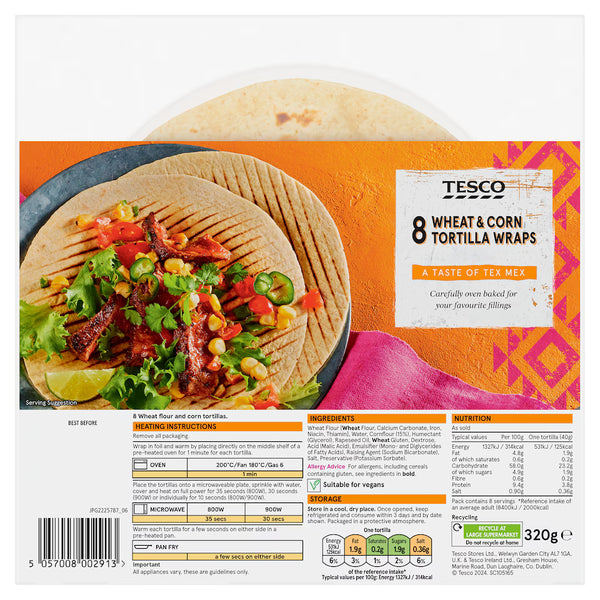 Tesco 8 Wheat & Corn Tortillas, 320g