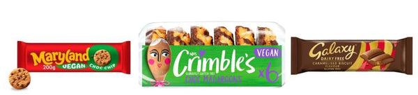 Vegan Treat Pack - Maryland Vegan Choc Chip Biscuits, 200g, Mrs Crimble's Gluten Free Choc Macaroons x6, Galaxy Dairy Free Caramelised Biscuit Bar