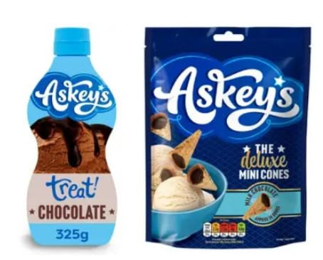 Askey's Chocolate Treat Sauce 325g and Deluxe Mini Cones with Milk Chocolate, Ice Cream Toppings Bundle