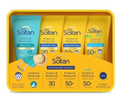 Soltan Family Essentials Travel Pack, SPF 30 & SPF 50+ Suncare Mini Lotion, Kids Included, 4 x 50ml