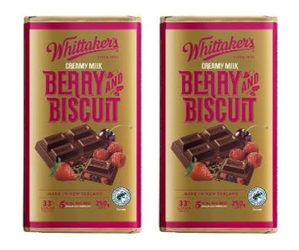 Whittaker's Berry and Biscuit Creamy Milk Chocolate, 33% Cocoa, 250g, Pack of 2