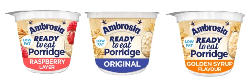 Ambrosia Ready to Eat Porridge, Low Fat, Assorted Flavours (Raspberry Layer, Original, Golden Syrup)