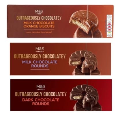 M&S Food Outrageously Chocolatey Biscuits, Milk Chocolate Orange, Milk Chocolate Rounds, and Dark Chocolate Rounds, 3 Varieties