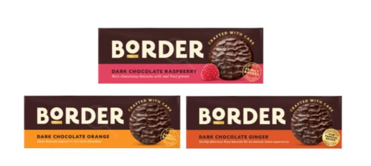 Border Dark Chocolate Biscuits, Raspberry, Orange & Ginger Varieties, Crafted with Care