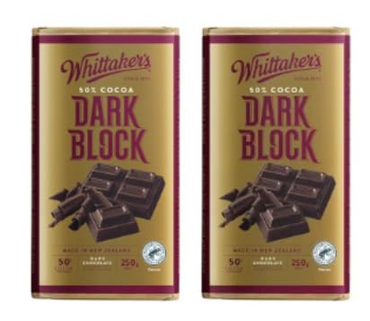 Whittaker's Dark Block Chocolate, 50% Cocoa, Made in New Zealand, 250g, Pack of 2
