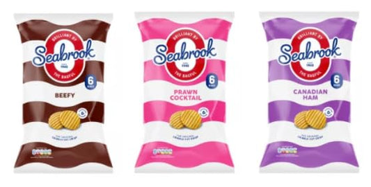 Seabrook Crinkle Cut Crisps, Beefy, Prawn Cocktail & Canadian Ham Flavours