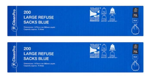 CleanPro Large Refuse Sacks, Blue, 75L Capacity, 1470mm x 965mm Depth, Pack of 200 - (Pack of 2)