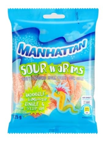 Manhattan Sour Worms, Fruity Flavoured Sugar Coated Sour Candy, 125g