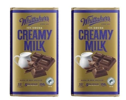 Whittaker's Creamy Milk Chocolate Block, 33% Cocoa, 250g, Pack of 2