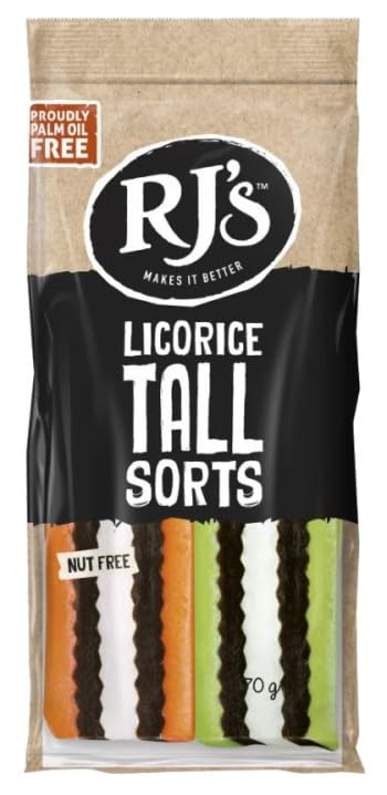 RJ's Licorice Tall Sorts, Nut Free, Palm Oil Free, Assorted Colours, 70g