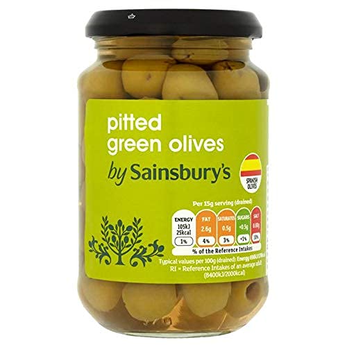 Sainsbury's Pitted Green Olives 350g - Green Manzanilla pitted olives in brine.