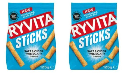Ryvita Sticks Salt & Cider Vinegar Flavour, Baked Not Fried, Munchable Share Bag, 125g, Pack of 2