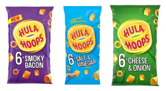 Hula Hoops Crisps, Smoky Bacon, Salt & Vinegar, and Cheese & Onion Flavours.