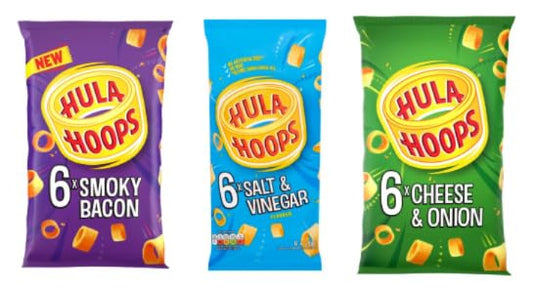 Hula Hoops Crisps, Smoky Bacon, Salt & Vinegar, and Cheese & Onion Flavours.