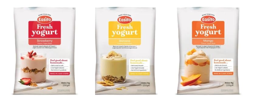 EasiYo Fresh Yogurt Mix, Strawberry, Banana and Mango Flavours