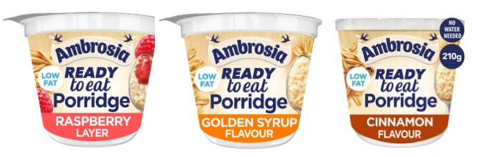 Ambrosia Ready to Eat Porridge, Low Fat, Assorted Flavours (Raspberry Layer, Golden Syrup, Cinnamon), 210g