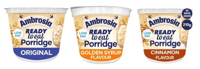 Ambrosia Ready to Eat Porridge, Low Fat, Original, Golden Syrup, Cinnamon Flavours, 210g