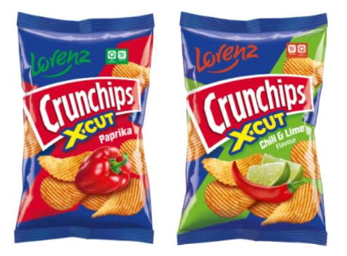 Lorenz Crunchips X-CUT Potato Chips, Paprika and Chilli & Lime Flavour, Crunchy Snack