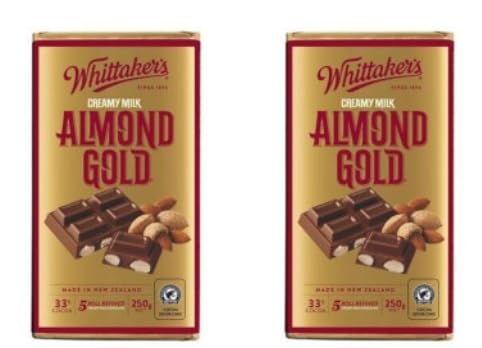 Whittaker's Almond Gold Creamy Milk Chocolate Bar, 33% Cocoa, Made in New Zealand, 250g, Pack of 2