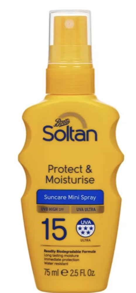 Soltan Protect & Moisturise Suncare Mini Spray SPF15 75ml – Medium Protection Sunscreen with 5-Star UVA Rating, Water Resistant & Moisturising Formula – Handy Travel Size Sun Spray