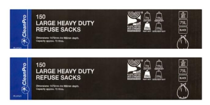 CleanPro Large Heavy Duty Refuse Sacks, Black, 75L Capacity, 1470mm x 960mm Depth, Pack of 150 - (Pack of 2)